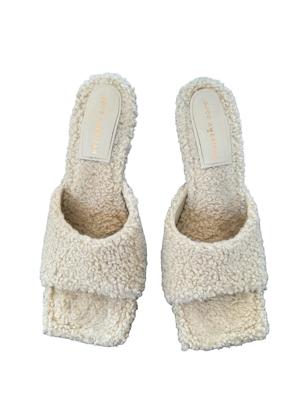 Good American Cream Sherpa Mule Heels Size 10
